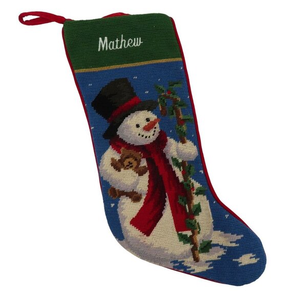Christmas Stocking Embroidered MATHEW Snowman Needlepoint Wool Red Velvet Xmas - Picture 1 of 8